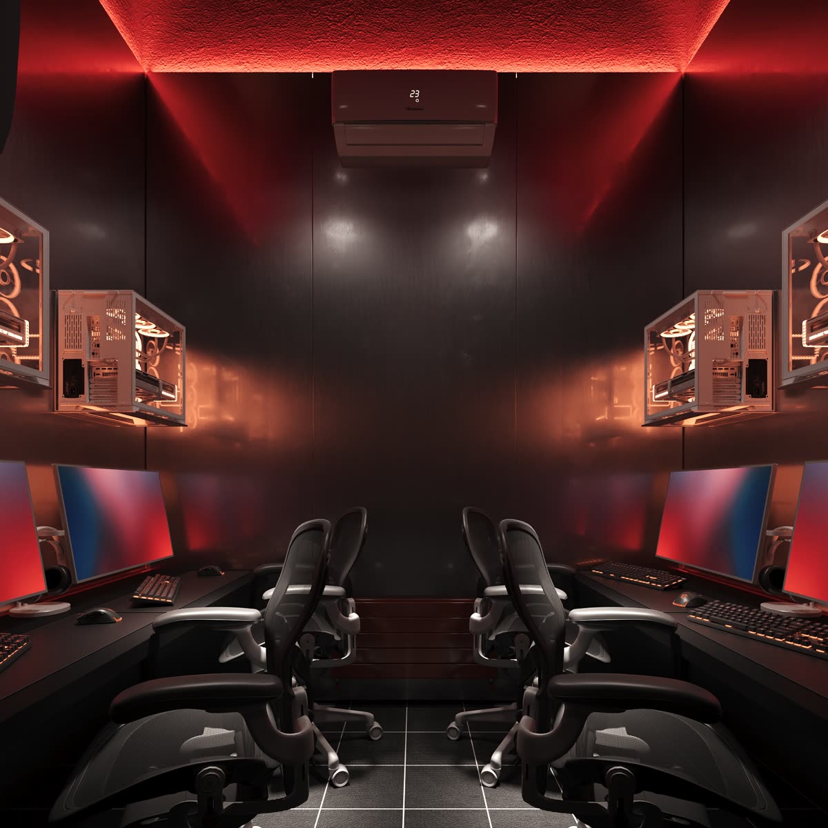Gaming lounge lit in red with rows of consoles